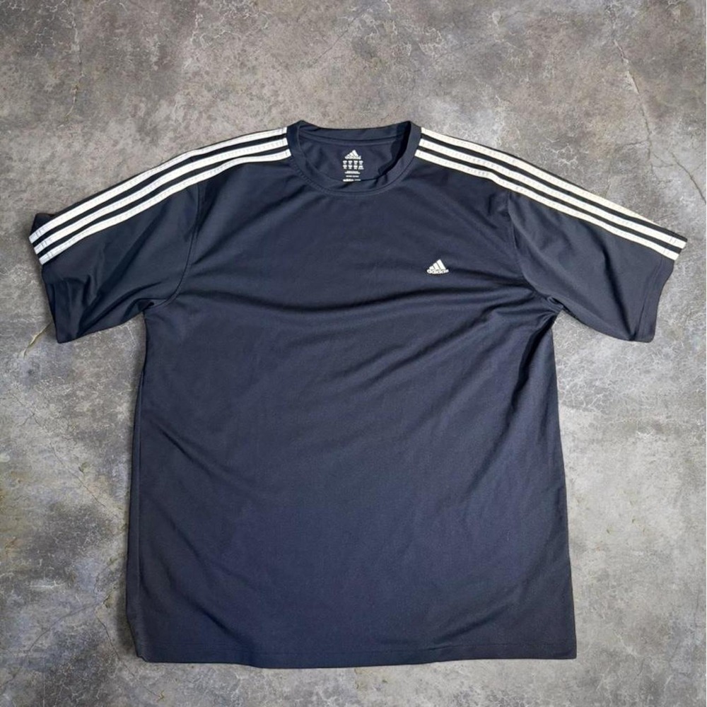 Adidas Climalite Navy Blue 3 Stripe Athletic Shirt Mens 2XL Training Gym Soccer